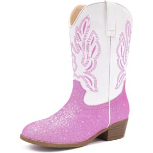 Cowgirl Boots for Little Girls Mid Calf Pointed Toe Kid Cowboy Boots Side Zipper Classic Embroidered Western Boots Horse Riding Shoes Party for Toddler Little Big Kids(Pink White)