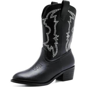 Girls Cowboy Boots Pull On Cowgirl Boots Pointed Toe Mid Calf Western Boots for Little Kid Big Kid(Rhinestone Black)