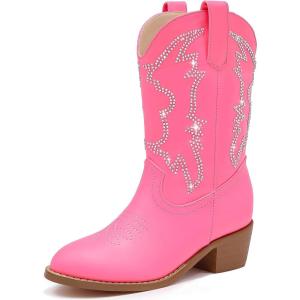 Girls Cowboy Boots Pull On Cowgirl Boots Pointed Toe Mid Calf Western Boots for Little Kid Big Kid(Rhinestone Fuchsia)