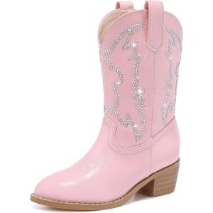 Girls Cowboy Boots Pull On Cowgirl Boots Pointed Toe Mid Calf Western Boots for Little Kid Big Kid(Rhinestone Pink)