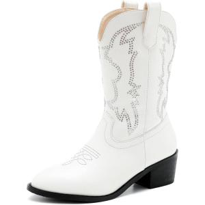 Girls Cowboy Boots Pull On Cowgirl Boots Pointed Toe Mid Calf Western Boots for Little Kid Big Kid(Rhinestone White)