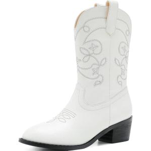 Girls Cowboy Boots Pull On Cowgirl Boots Pointed Toe Mid Calf Western Boots for Little Kid Big Kid(White)
