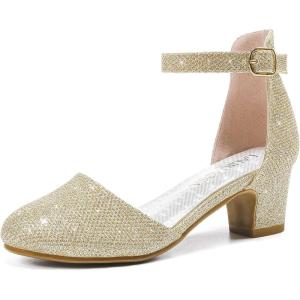 Girls Dress Shoes Closed Toe Chunky High Heels Ankle Strap Wedding Party Pump Shoes(Lovely Glitter Gold)