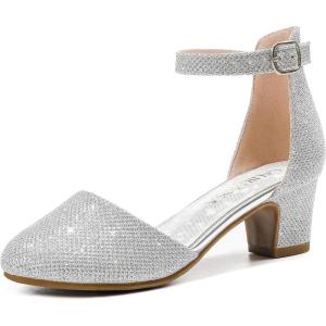 Girls Dress Shoes Closed Toe Chunky High Heels Ankle Strap Wedding Party Pump Shoes(Lovely Glitter Silver)