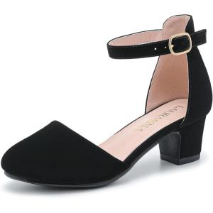 Girls Dress Shoes Closed Toe Chunky High Heels Ankle Strap Wedding Party Pump Shoes(Lovely Nubuck Black)