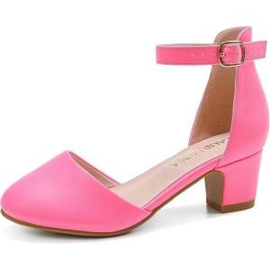 Girls Dress Shoes Closed Toe Chunky High Heels Ankle Strap Wedding Party Pump Shoes(Lovely Nubuck Fuchsia)