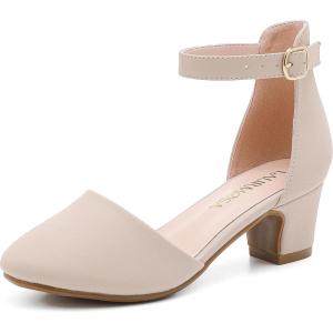 Girls Dress Shoes Closed Toe Chunky High Heels Ankle Strap Wedding Party Pump Shoes(Lovely Nubuck Nude)