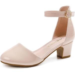 Girls Dress Shoes Closed Toe Chunky High Heels Ankle Strap Wedding Party Pump Shoes(Lovely Patent Blush)