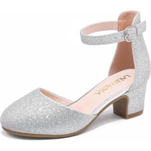 Girls Dress Shoes Closed Toe Chunky High Heels Ankle Strap Wedding Party Pump Shoes(Lovely Shimmer Silver)