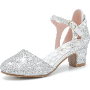 Girls Dress Shoes Closed Toe Chunky High Heels Ankle Strap Wedding Party Pump Shoes(Modern Glitter Silver)