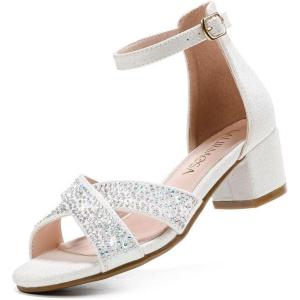 High Heels for Kids Sandals for Girls Dress Shoes Flower Girl Shoes Open Toe Ankle Strap Block Chunky Heels for Toddler Little Big Kids Low Wedge Sandals for Wedding Party Dress Up(White Rhinestone)