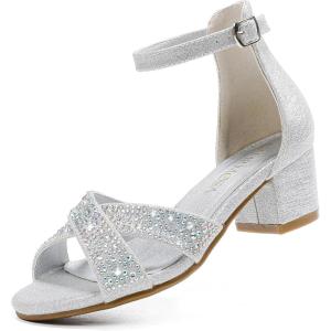 High Heels for Kids Sandals for Girls Dress Shoes Flower Girl Shoes Open Toe Ankle Strap Block Chunky Heels for Toddler Little Big Kids Low Wedge Sandals for Wedding Party Dress Up(Silver Rhinestone)