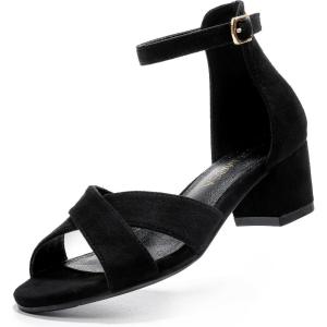 High Heels for Kids Sandals for Girls Dress Shoes Flower Girl Shoes Open Toe Ankle Strap Block Chunky Heels for Toddler Little Big Kids Low Wedge Sandals for Wedding Party Dress Up(Black Suede)