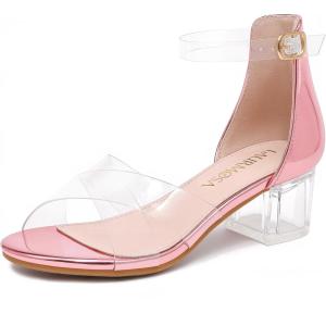 High Heels for Kids Sandals for Girls Dress Shoes Flower Girl Shoes Open Toe Ankle Strap Block Chunky Heels for Toddler Little Big Kids Low Wedge Sandals for Wedding Party Dress Up(Pink Clear)