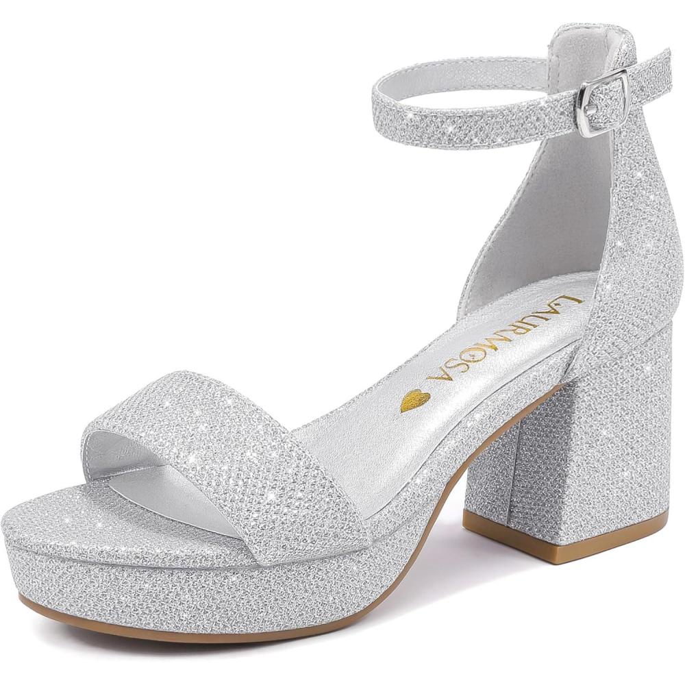 imageHigh Heels for Kids Sandals Big Girls Dress Shoes Flower Girl Shoes for Wedding Party Pageant Round Open Toe Ankle Strap Dress Sandals Platform Heels Chunky Pumps for Little Big KidsSilver Glitter