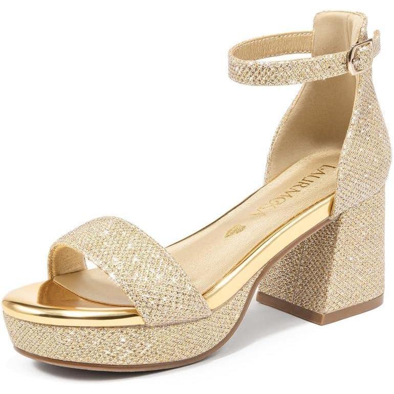 imageHigh Heels for Kids Sandals Big Girls Dress Shoes Flower Girl Shoes for Wedding Party Pageant Round Open Toe Ankle Strap Dress Sandals Platform Heels Chunky Pumps for Little Big KidsGlittercham