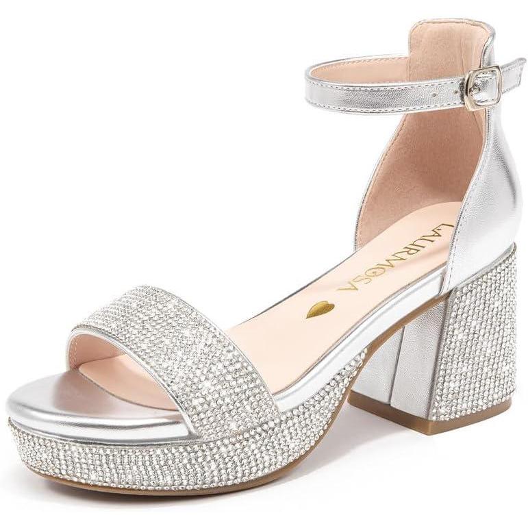 imageHigh Heels for Kids Sandals Big Girls Dress Shoes Flower Girl Shoes for Wedding Party Pageant Round Open Toe Ankle Strap Dress Sandals Platform Heels Chunky Pumps for Little Big KidsRhsilver