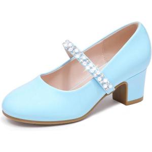 Flower Girl Shoes Kids High Heels Mary Jane Flats Cute Pearl Rhinestones Girls Dress Pumps Shoes for Church Wedding Party Little Big Kids(Blue Patent)