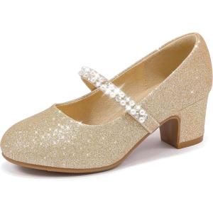 Flower Girl Shoes Kids High Heels Mary Jane Flats Cute Pearl Rhinestones Girls Dress Pumps Shoes for Church Wedding Party Little Big Kids(Gold Shimmer)