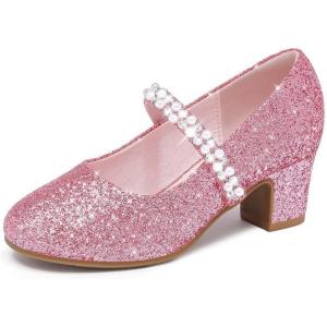 Flower Girl Shoes Kids High Heels Mary Jane Flats Cute Pearl Rhinestones Girls Dress Pumps Shoes for Church Wedding Party Little Big Kids(Pink Shimmer)