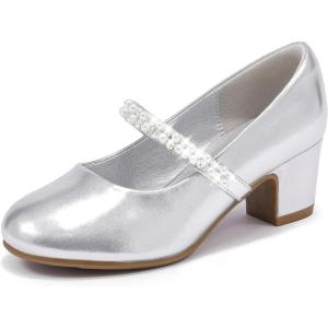 Flower Girl Shoes Kids High Heels Mary Jane Flats Cute Pearl Rhinestones Girls Dress Pumps Shoes for Church Wedding Party Little Big Kids(Silver Metallic)