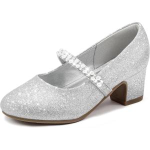 Flower Girl Shoes Kids High Heels Mary Jane Flats Cute Pearl Rhinestones Girls Dress Pumps Shoes for Church Wedding Party Little Big Kids(Silver Shimmer)