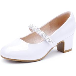 Flower Girl Shoes Kids High Heels Mary Jane Flats Cute Pearl Rhinestones Girls Dress Pumps Shoes for Church Wedding Party Little Big Kids(White Patent)