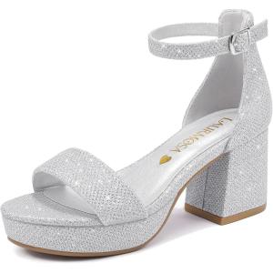 High Heels for Kids Sandals Big Girls Dress Shoes Flower Girl Shoes for Wedding Party Pageant Round Open Toe Ankle Strap Dress Sandals Platform Heels Chunky Pumps for Little Big Kids(Silver Glitter)