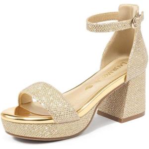 High Heels for Kids Sandals Big Girls Dress Shoes Flower Girl Shoes for Wedding Party Pageant Round Open Toe Ankle Strap Dress Sandals Platform Heels Chunky Pumps for Little Big Kids(Glittercham)