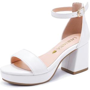 High Heels for Kids Sandals Big Girls Dress Shoes Flower Girl Shoes for Wedding Party Pageant Round Open Toe Ankle Strap Dress Sandals Platform Heels Chunky Pumps for Little Big Kids(White Pu)