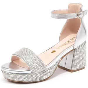 High Heels for Kids Sandals Big Girls Dress Shoes Flower Girl Shoes for Wedding Party Pageant Round Open Toe Ankle Strap Dress Sandals Platform Heels Chunky Pumps for Little Big Kids(Rhsilver)