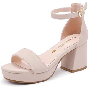 High Heels for Kids Sandals Big Girls Dress Shoes Flower Girl Shoes for Wedding Party Pageant Round Open Toe Ankle Strap Dress Sandals Platform Heels Chunky Pumps for Little Big Kids(Nude Nubuck)