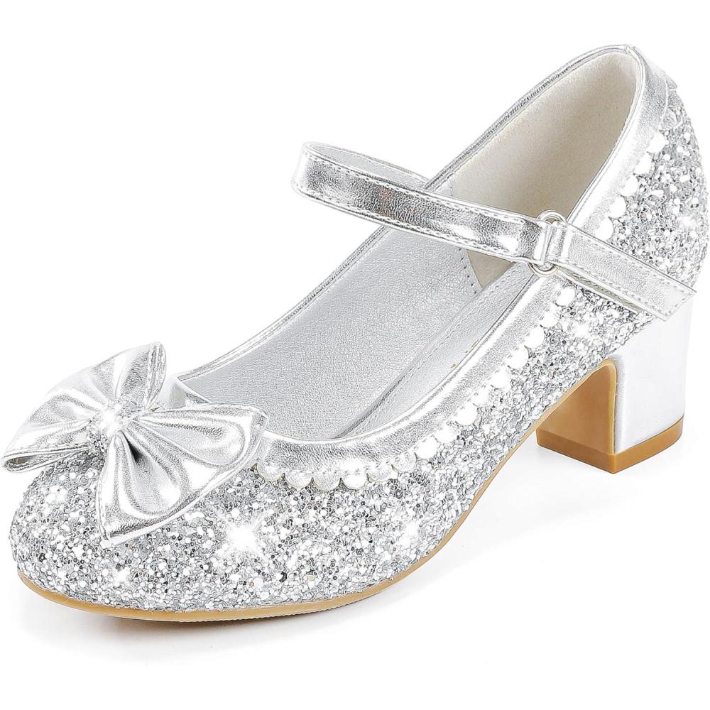 image:imageLAURMOSA Princess Shoes High Heel Toddler Girls Dress Shoes Cute Bowknot Sparkle Mary Jane Flower Girls Wedding Birthday Party Prom for Little Big KidsSilver Sequins