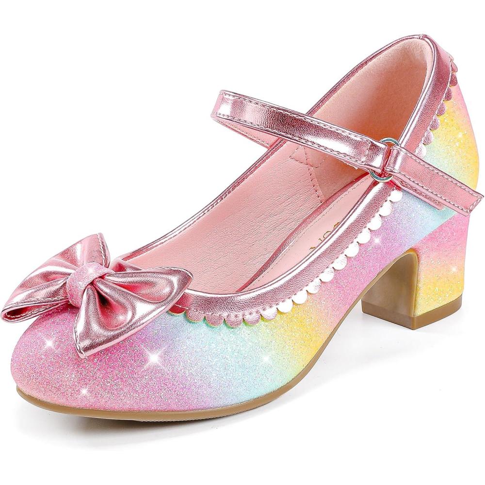image:imageLAURMOSA Princess Shoes High Heel Toddler Girls Dress Shoes Cute Bowknot Sparkle Mary Jane Flower Girls Wedding Birthday Party Prom for Little Big KidsRainbow Shimmer