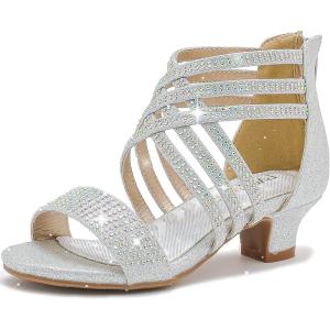 LAURMOSA Little Girls Sandals High Heels Formal Shoes Open Toe Pump Sandals Glitter Party Wedding Shoes for Big Kids Toddler(R Glitter Silver)