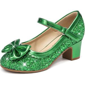 LAURMOSA Princess Shoes High Heel Toddler Girls Dress Shoes Cute Bowknot Sparkle Mary Jane Flower Girls Wedding Birthday Party Prom for Little Big Kids(Green Sequins)