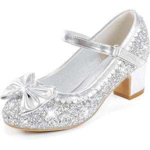 LAURMOSA Princess Shoes High Heel Toddler Girls Dress Shoes Cute Bowknot Sparkle Mary Jane Flower Girls Wedding Birthday Party Prom for Little Big Kids(Silver Sequins)