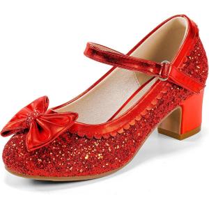 LAURMOSA Princess Shoes High Heel Toddler Girls Dress Shoes Cute Bowknot Sparkle Mary Jane Flower Girls Wedding Birthday Party Prom for Little Big Kids(Red Sequins)