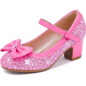 LAURMOSA Princess Shoes High Heel Toddler Girls Dress Shoes Cute Bowknot Sparkle Mary Jane Flower Girls Wedding Birthday Party Prom for Little Big Kids(Fuchsia Sequins)