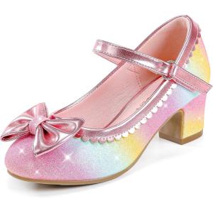 LAURMOSA Princess Shoes High Heel Toddler Girls Dress Shoes Cute Bowknot Sparkle Mary Jane Flower Girls Wedding Birthday Party Prom for Little Big Kids(Rainbow Shimmer)