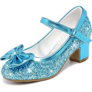 LAURMOSA Princess Shoes High Heel Toddler Girls Dress Shoes Cute Bowknot Sparkle Mary Jane Flower Girls Wedding Birthday Party Prom for Little Big Kids(Blue Sequins)