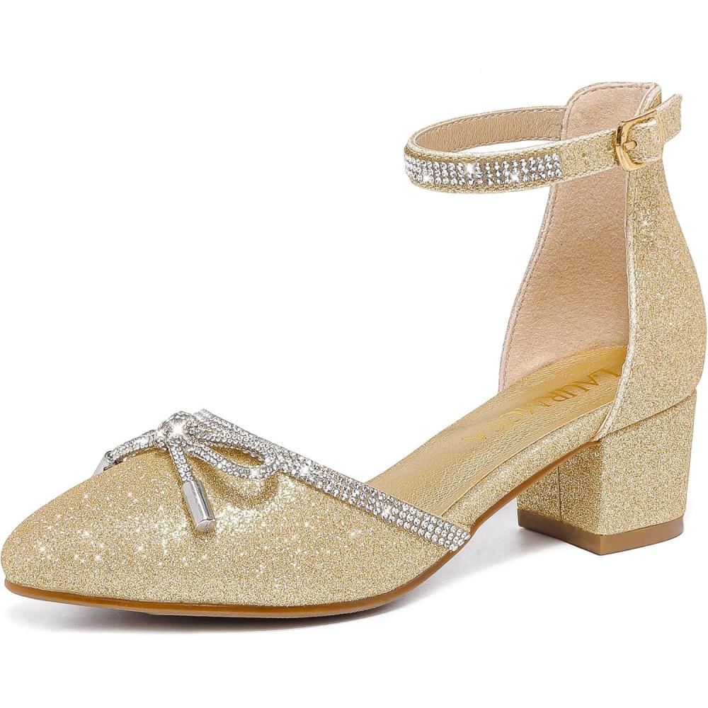 image:imageLAURMOSA Girls Sandals Closed Toe High Heels Pointed Toe Ankle Strap Pumps Flower Girl Dressy Shoes in Wedding Party Cute Bowknot Chunky Block Heeled for Little Big KidsRhinestone Shimmer Gold