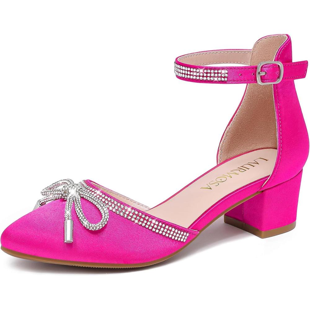 image:imageLAURMOSA Girls Sandals Closed Toe High Heels Pointed Toe Ankle Strap Pumps Flower Girl Dressy Shoes in Wedding Party Cute Bowknot Chunky Block Heeled for Little Big KidsRhinestone Satin Fuchsia