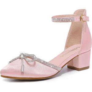 LAURMOSA Girls Sandals Closed Toe High Heels Pointed Toe Ankle Strap Pumps Flower Girl Dressy Shoes in Wedding Party Cute Bowknot Chunky Block Heeled for Little Big Kids(Rhinestone Satin Pink)