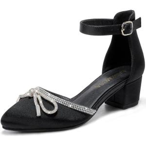 LAURMOSA Girls Sandals Closed Toe High Heels Pointed Toe Ankle Strap Pumps Flower Girl Dressy Shoes in Wedding Party Cute Bowknot Chunky Block Heeled for Little Big Kids(Bow Satin Black)