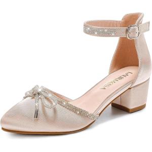 LAURMOSA Girls Sandals Closed Toe High Heels Pointed Toe Ankle Strap Pumps Flower Girl Dressy Shoes in Wedding Party Cute Bowknot Chunky Block Heeled for Little Big Kids(Bow Satin Aprocit)