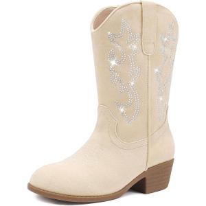 Cowboy Boots for Girls – Pointed Toe Kids Cowgirl Boots – Mid Calf Western Youth Boots for Toddler to Big Kids – Horse Riding & Party(Beige Suede)