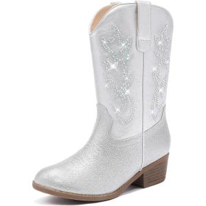 Cowboy Boots for Girls – Pointed Toe Kids Cowgirl Boots – Mid Calf Western Youth Boots for Toddler to Big Kids – Horse Riding & Party(Silver Rhinestone)