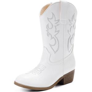 Cowboy Boots for Girls – Pointed Toe Kids Cowgirl Boots – Mid Calf Western Youth Boots for Toddler to Big Kids – Horse Riding & Party(White Embroidery)