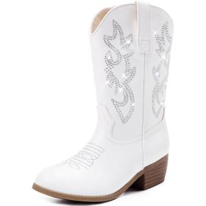 Cowboy Boots for Girls – Pointed Toe Kids Cowgirl Boots – Mid Calf Western Youth Boots for Toddler to Big Kids – Horse Riding & Party(White Rhinestone)